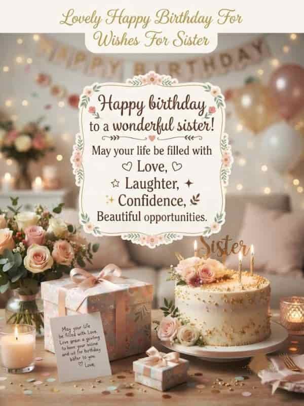 A birthday celebration setup featuring a decorative card with the text "Happy birthday to a wonderful sister! May your life be filled with Love, Laughter, Confidence, Beautiful opportunities.