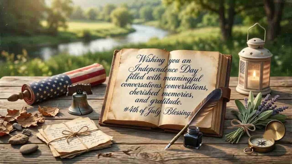 An open vintage journal on a wooden table displaying the message "Wishing you an Independence Day filled with meaningful conversations, cherished memories, and gratitude," accompanied by a quill, inkwell, small Liberty Bell replica, rolled American flag scroll, and lantern in a serene outdoor setting.