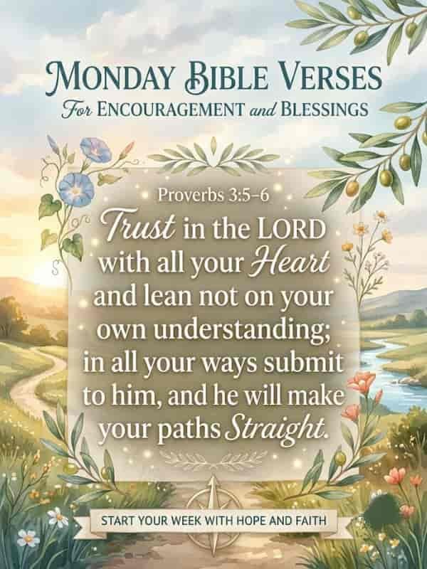 Monday Bible Verses for Encouragement and Blessings featuring Proverbs 3:5-6 on a serene countryside landscape with flowers and a winding path