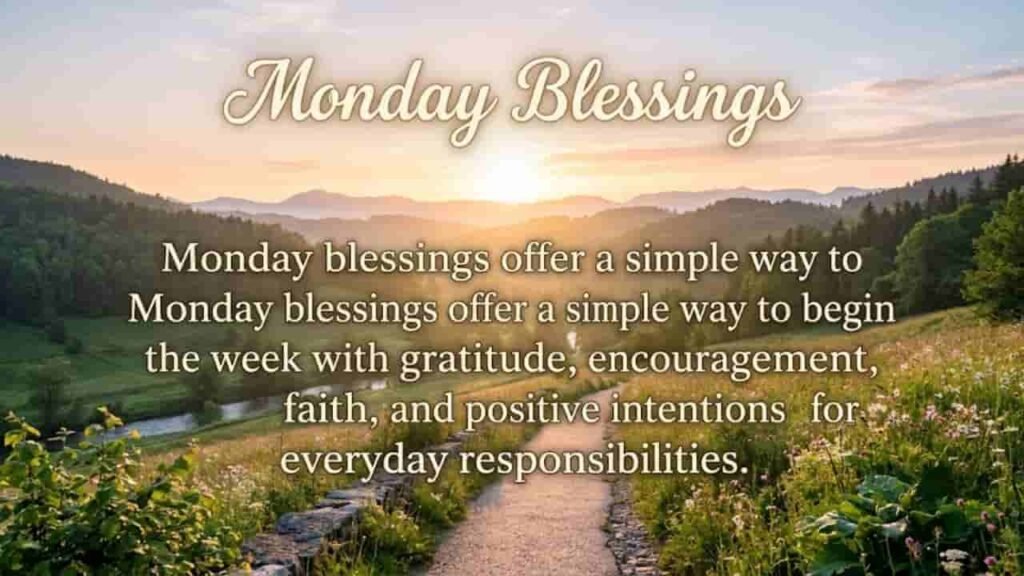 Monday Blessings image featuring a serene morning landscape with a stone path through a green, flower-filled meadow leading toward mountains at sunrise, overlaid with the text: "Monday Blessings - Monday blessings offer a simple way to begin the week with gratitude, encouragement, faith, and positive intentions for everyday responsibilities.