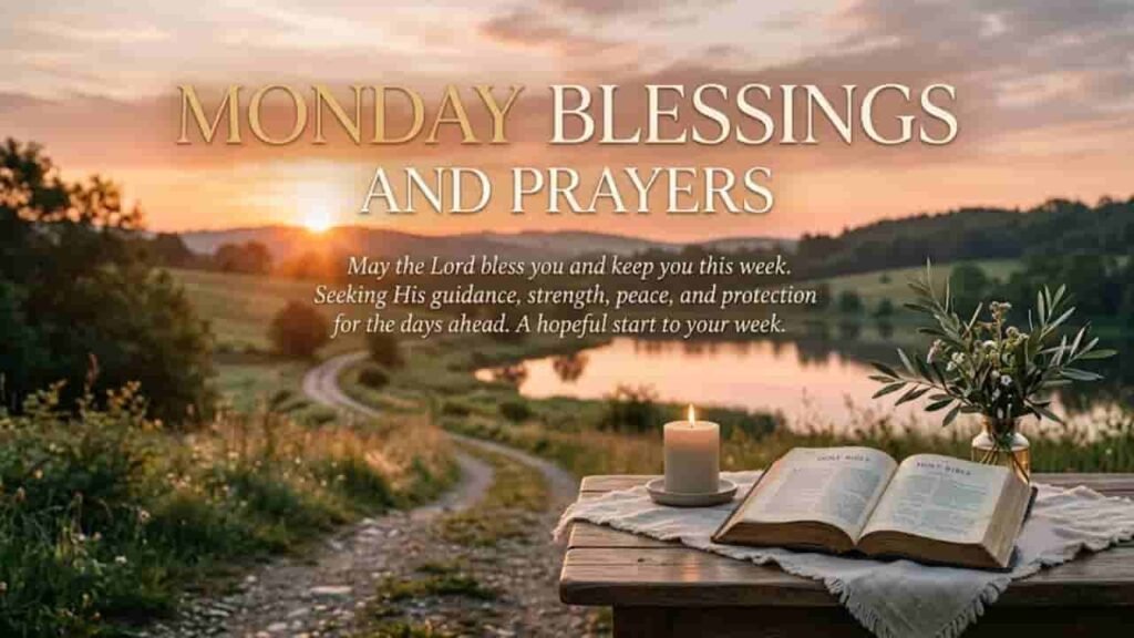 A scenic photograph featuring an open Bible and a lit candle on a wooden table. Text above reads "MONDAY BLESSINGS AND PRAYERS" with a short inspirational message. Background is a calm rural landscape at sunrise.