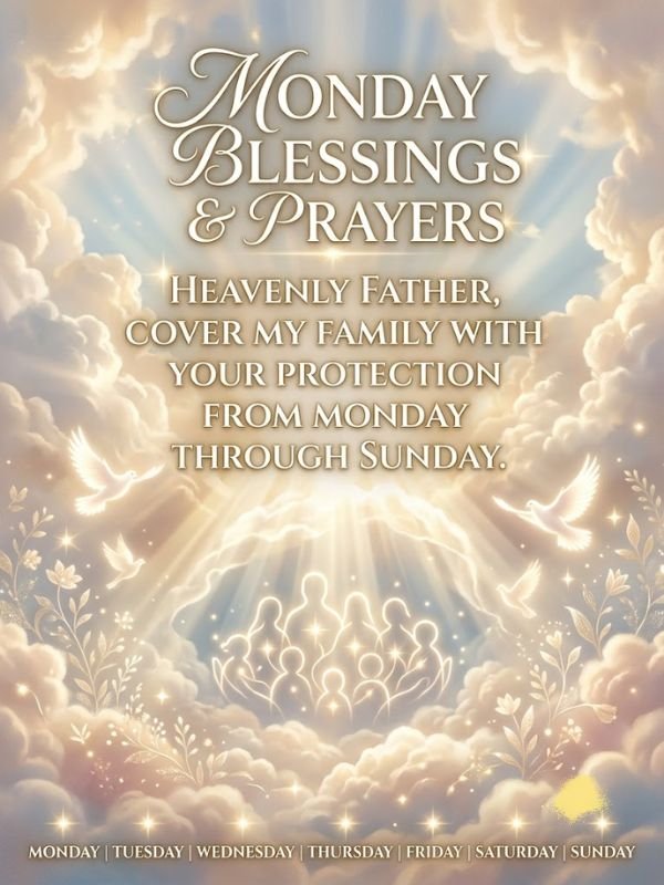 Monday Blessings and Prayers image featuring heavenly clouds, warm sunrays, white doves, and the text "Heavenly Father, cover my family with your protection from Monday through Sunday."