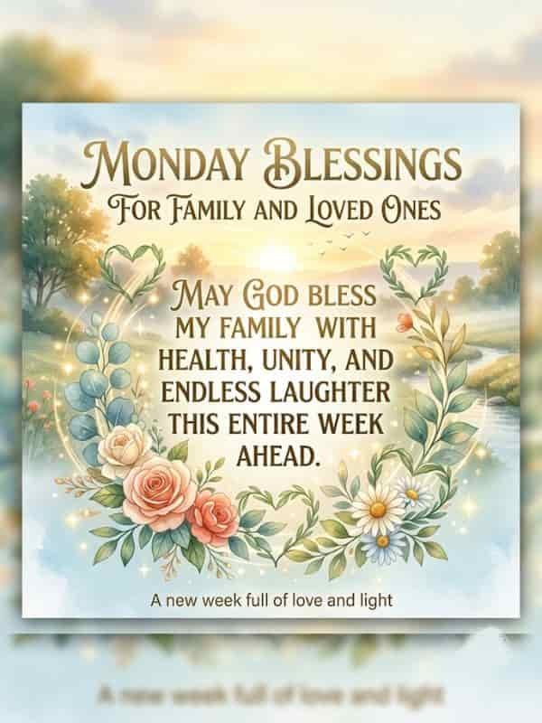 Monday Blessings for Family image featuring floral artwork, a peaceful sunrise landscape, and the text 'May God bless my family with health, unity, and endless laughter this entire week ahead'.