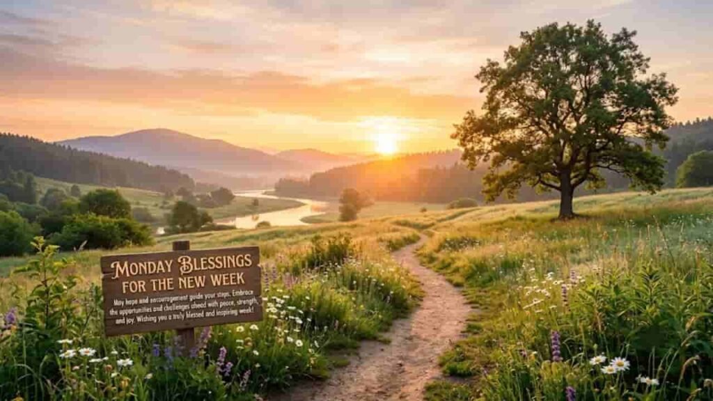 Sunrise illuminating a tranquil landscape with a winding dirt path through a grassy field, a serene river, and a wooden sign displaying "Monday Blessings for the New Week" inspirational text.