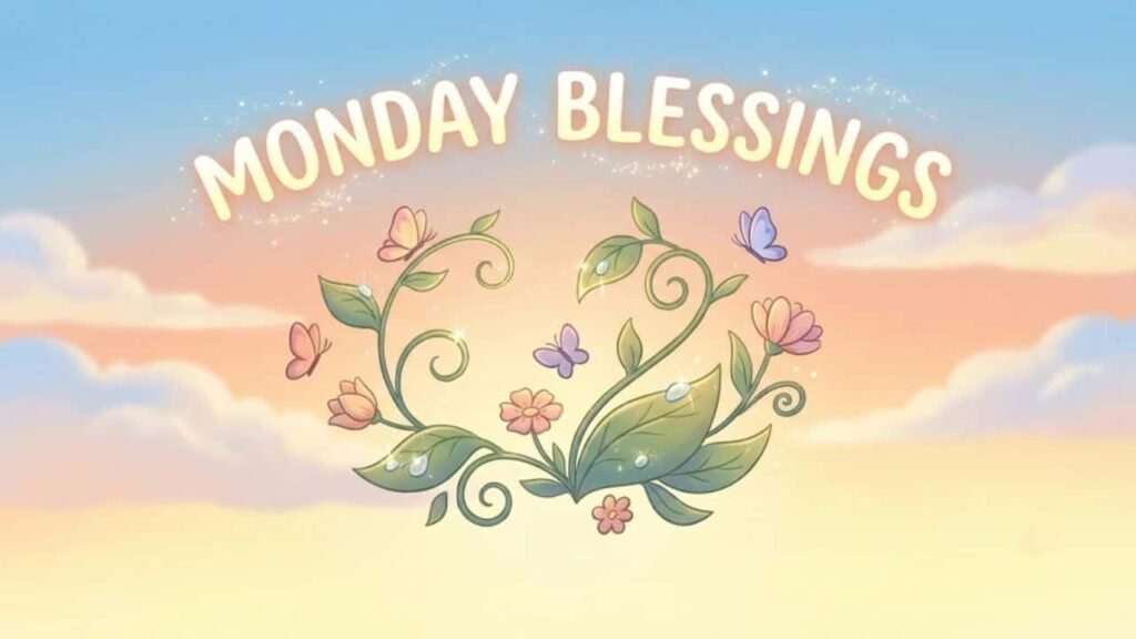 Monday Blessings text with animated-style flowers, leaves, glowing butterflies, and sparkling morning sky background