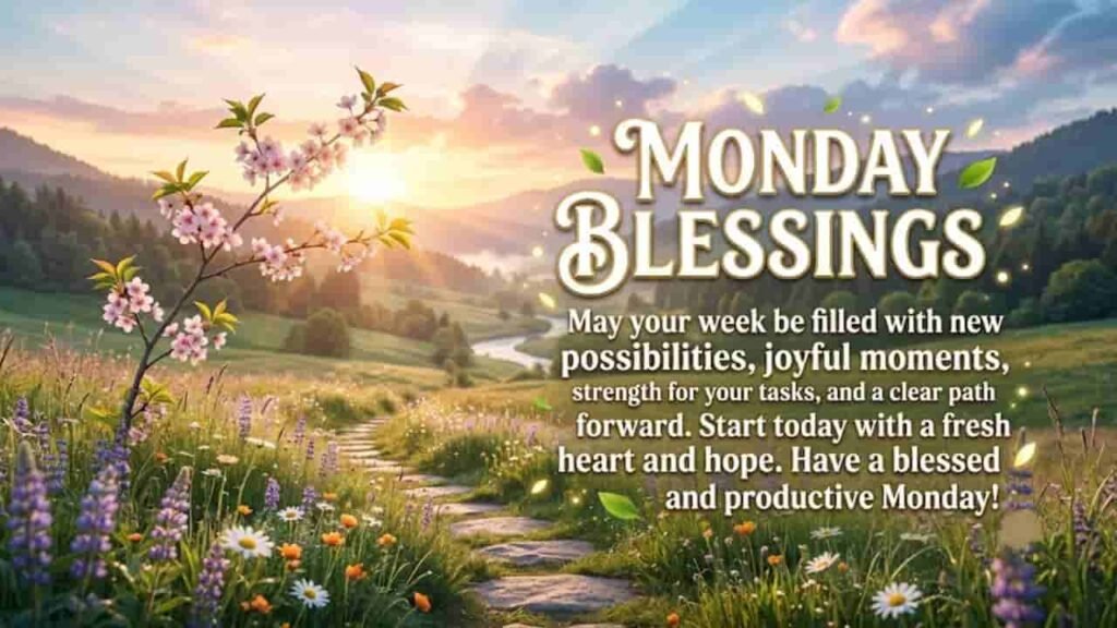 An inspirational "Monday Blessings" image with a scenic mountain landscape, vibrant wildflowers, a blossoming cherry branch, and a winding stone path under a warm sunrise. The text on the right reads, "MONDAY BLESSINGS. May your week be filled with new possibilities, joyful moments, strength for your tasks, and a clear path forward. Start today with a fresh heart and hope. Have a blessed and productive Monday!" The overall atmosphere is peaceful and motivational.