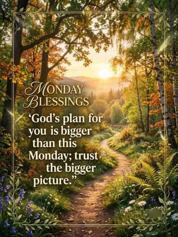 Monday Blessings image featuring a winding nature path through a sunlit forest with the quote, "God's plan for you is bigger than this Monday; trust the bigger picture."