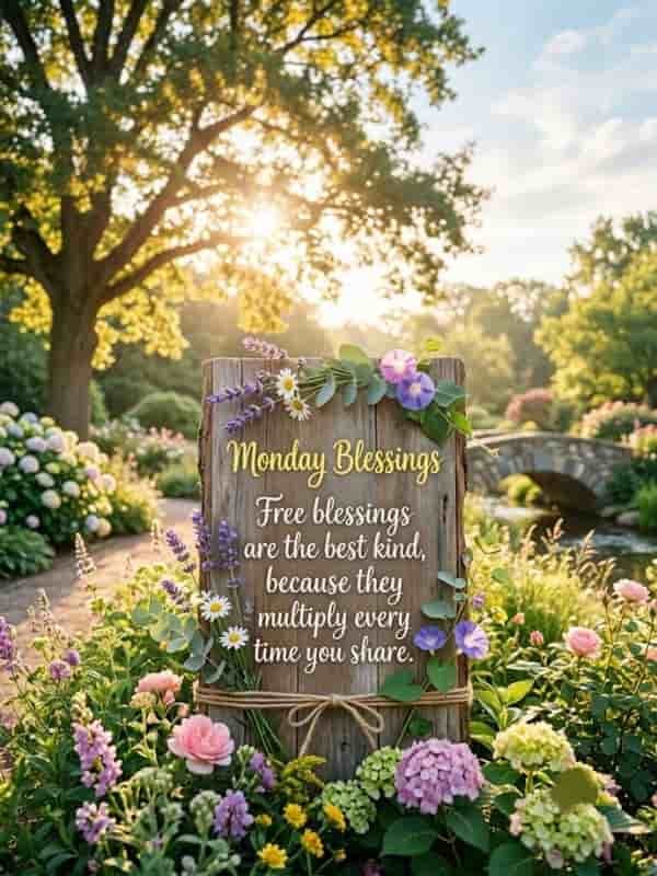 A wooden garden sign surrounded by colorful spring flowers with the text "Monday Blessings. Free blessings are the best kind, because they multiply every time you share." set against a sunny morning backdrop.