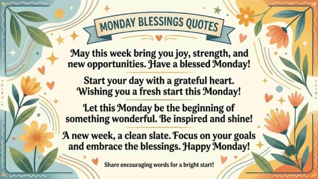 Graphic with the title "Monday Blessings Quotes" featuring four uplifting messages surrounded by colorful botanical illustrations and stars on a light background.