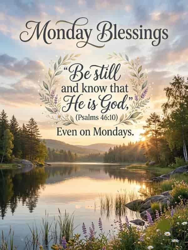 An inspirational Monday Blessings graphic featuring a serene landscape with a calm lake reflecting the sunrise, surrounded by pine trees and wildflowers. Elegant text overlay reads "Monday Blessings" and "Be still and know that He is God (Psalms 46:10), Even on Mondays" framed by a floral wreath.