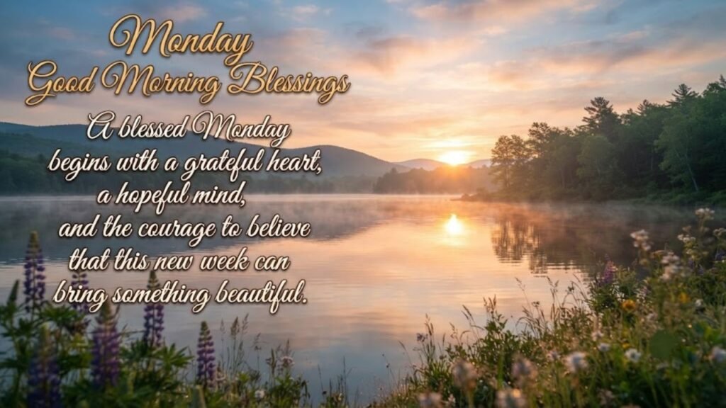 A scenic sunrise over a calm lake with wildflowers in the foreground, featuring the text 'Monday Good Morning Blessings: A blessed Monday begins with a grateful heart.