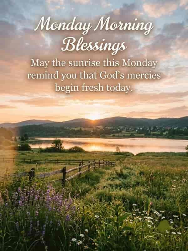A peaceful morning landscape featuring wildflowers and a wooden fence along a quiet lake, with the warm sunrise glowing over distant hills under a soft sky.