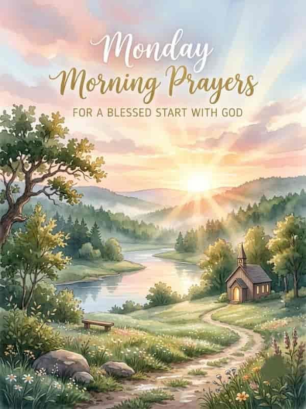 Graphic banner titled '220+ Monday Prayers and Blessings to Start Your Week With Faith' featuring scenic sunrises, peaceful winding paths, mountains, trees, and white doves symbolizing peace and guidance.