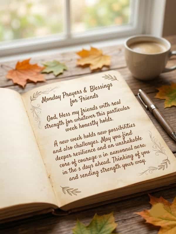Open vintage notebook with Monday prayers and blessings for friends written on the page, set on a wooden desk next to a coffee cup and autumn leaves