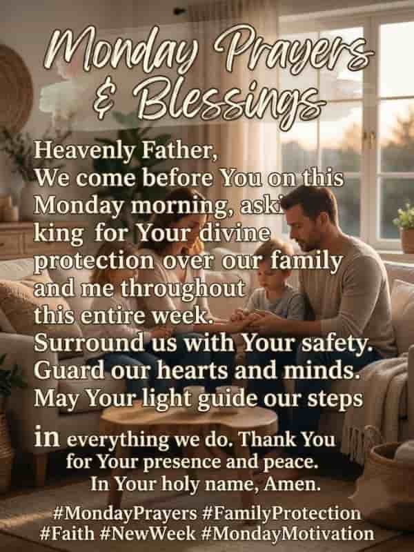 Family sitting together on a sofa praying for Monday morning blessings and divine protection.