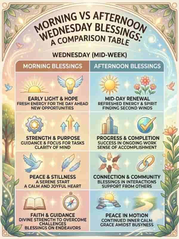 A comparison table infographic comparing Morning vs Afternoon Wednesday Blessings with themed icons and text.