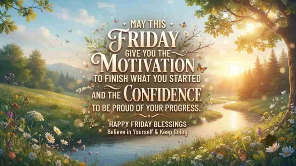 Motivational Friday blessing with a scenic morning landscape, river, and wildflowers.