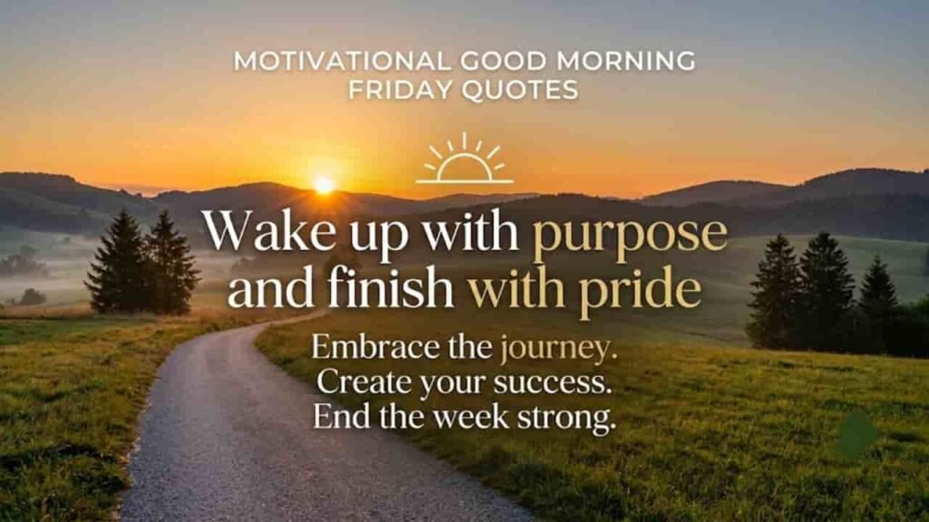 Good Morning Friday motivational image featuring a sunrise landscape with a scenic path and the quote 'Wake up with purpose and finish with pride'.