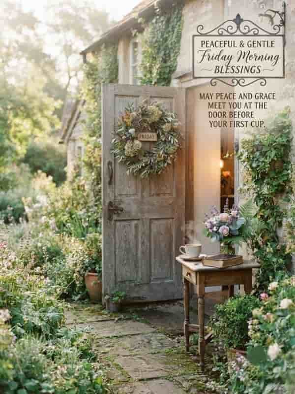 A charming rustic cottage doorway surrounded by lush green foliage and flowers, featuring a steaming cup of tea and a book on a small wooden table, captured in soft morning light.