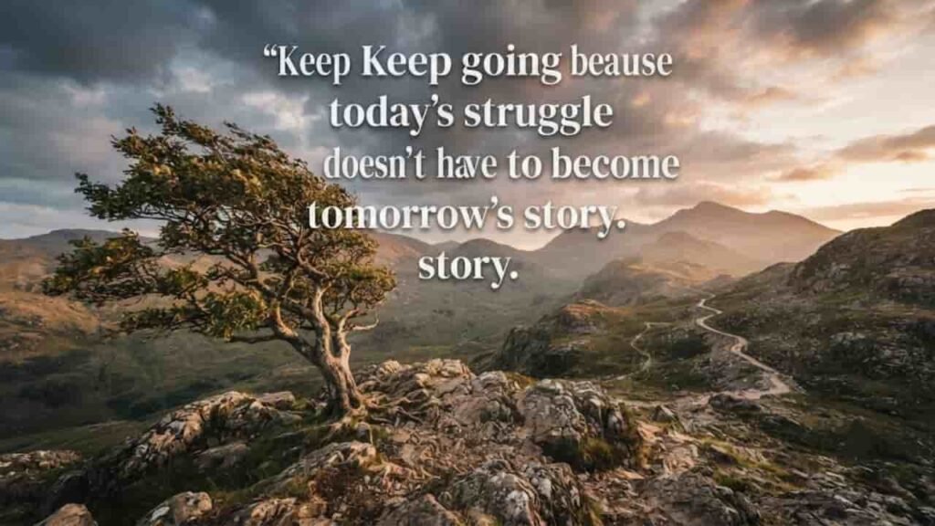 A scenic 16:9 landscape featuring a resilient lone tree growing on rocky terrain under a dramatic cloudy sky with a winding mountain path, overlaid with the inspirational text "Keep going because today's struggle doesn't have to become tomorrow's story."
