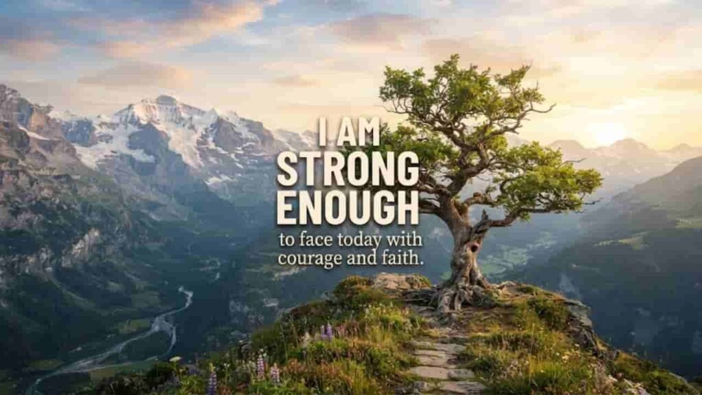 A scenic 16:9 landscape featuring a resilient tree standing firmly on a mountain cliff overlooking majestic snow-capped peaks at sunrise, overlaid with the personal affirmation text: 'I AM STRONG ENOUGH to face today with courage and faith.'