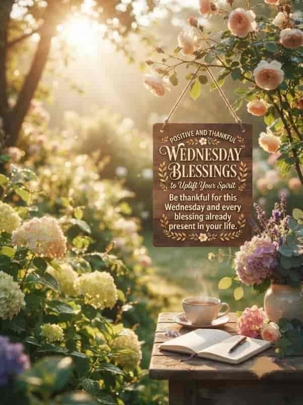 A sunlit garden scene with blooming roses and hydrangeas, featuring a wooden sign that reads 'Positive and Thankful Wednesday Blessings to Uplift Your Spirit. Be thankful for this Wednesday and every blessing already present in your life,' alongside a rustic wooden table with an open journal, a pen, and a steaming cup of tea.