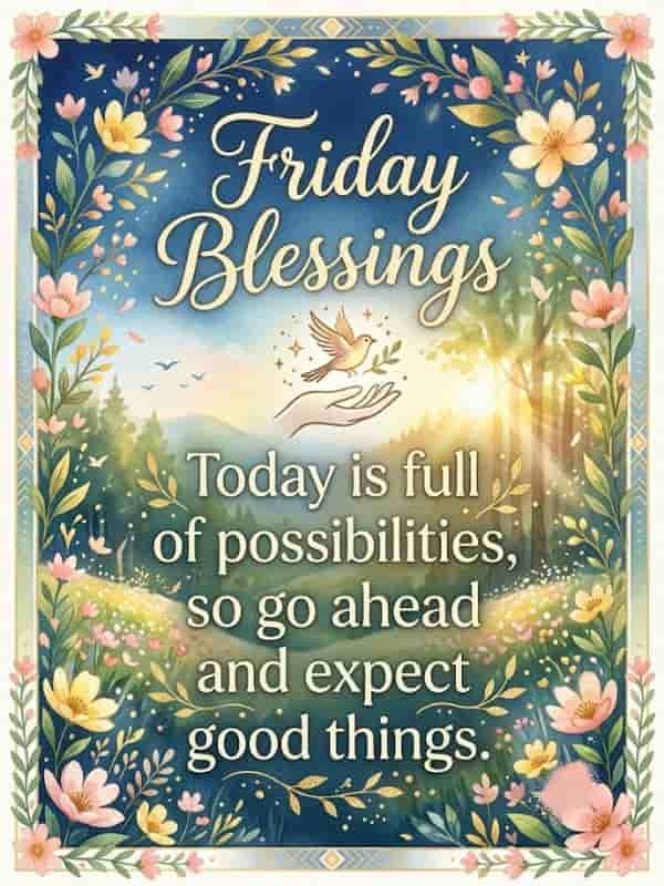 An inspirational image featuring the text "Friday Blessings" and "Today is full of possibilities, so go ahead and expect good things." set against a scenic watercolor landscape with flowers, a rising sun, and a soaring bird within a decorative floral frame.
