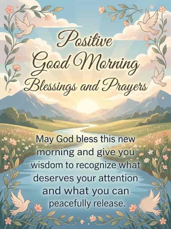 A serene morning scene featuring a sunrise over rolling hills and a winding river framed by floral borders and flying white doves. The top reads "Positive Good Morning Blessings and Prayers," and below displays the message: "May God bless this new morning and give you wisdom to recognize what deserves your attention and what you can peacefully release."