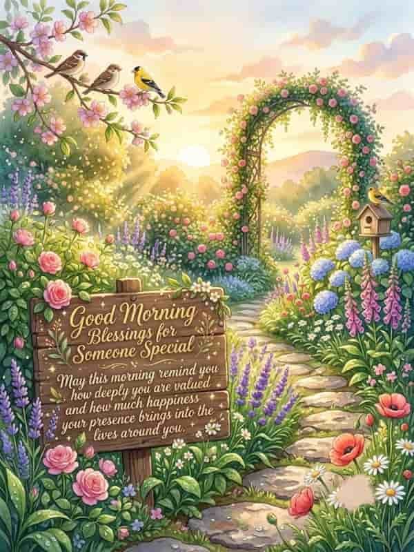 A gentle watercolor illustration of a sunlit garden pathway with colorful flowers, small birds perched on cherry blossom branches, and a wooden sign inscribed with a morning blessing message for someone special.