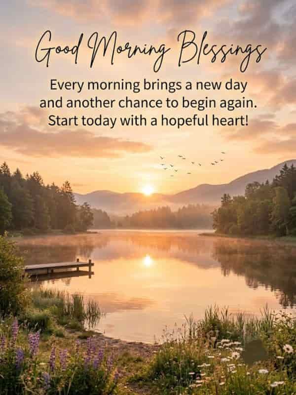 A peaceful sunrise over a tranquil lake with soft morning mist, wildflowers in the foreground, and the overlay text "Good Morning Blessings: Every morning brings a new day and another chance to begin again. Start today with a hopeful heart!"