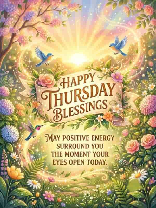 Bright floral garden scene featuring bluebirds, a hummingbird, and a glowing sunrise with the text "Happy Thursday Blessings: May positive energy surround you the moment your eyes open today."