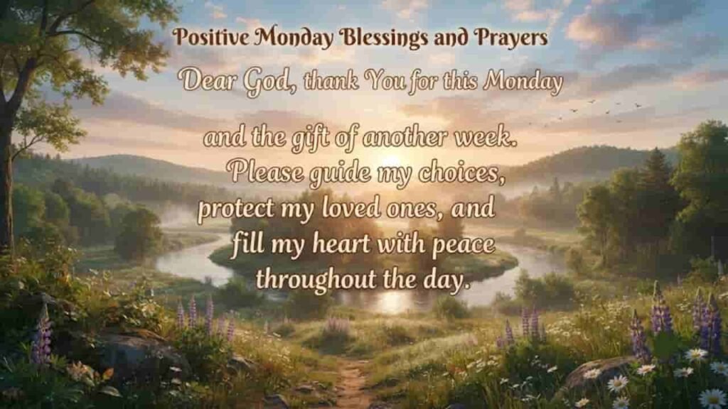 A serene sunrise landscape featuring a winding river cutting through a lush green valley, surrounded by gentle hills, wildflowers in the foreground, and a warm, glowing sky with soft clouds. Text overlay reads: "Positive Monday Blessings and Prayers. Dear God, thank You for this Monday and the gift of another week. Please guide my choices, protect my loved ones, and fill my heart with peace throughout the day."