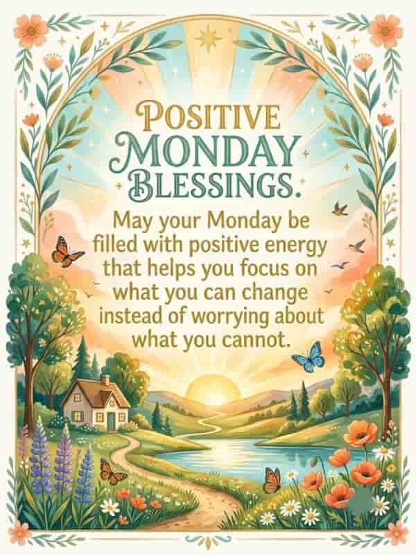 Positive Monday Blessings quote card with a serene sunrise countryside view, featuring wildflowers, butterflies, a cozy cottage, and the motivational text 'May your Monday be filled with positive energy that helps you focus on what you can change instead of worrying about what you cannot.