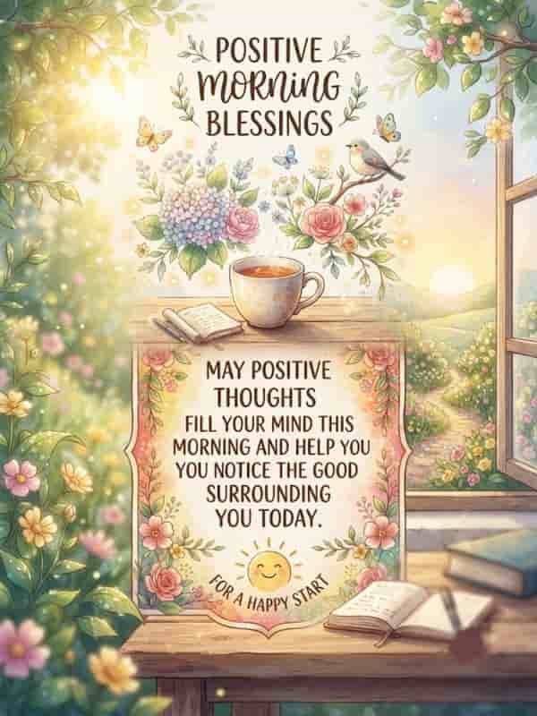 A cheerful 3:4 watercolor illustration for a positive morning blessing, featuring a bright sunrise outside a wooden window, blooming flowers, a steaming cup of tea, a little bird, and an ornate plaque displaying the text 'Positive Morning Blessings' and 'May positive thoughts fill your mind this morning and help you notice the good surrounding you today for a happy start'.