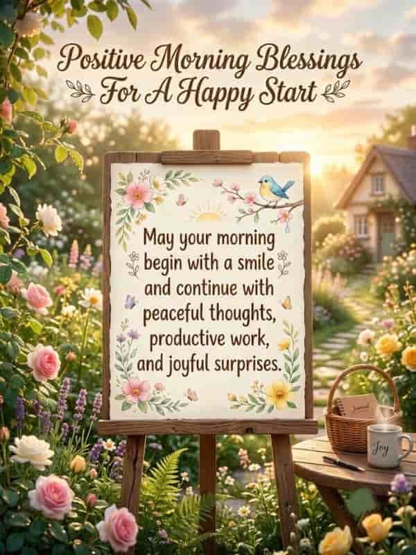 "A vibrant morning garden scene with blooming roses and a wooden easel displaying the text 'May your morning begin with a smile and continue with peaceful thoughts, productive work, and joyful surprises'."