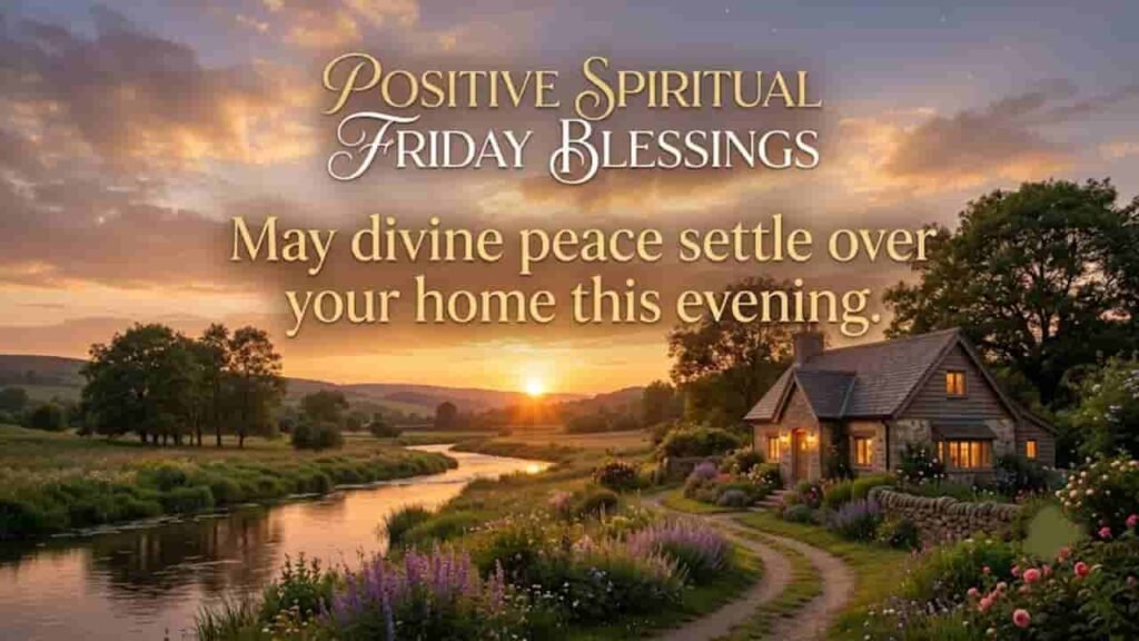 Cozy cottage during a peaceful sunset by a river with the text "Positive Spiritual Friday Blessings - May divine peace settle over your home this evening.