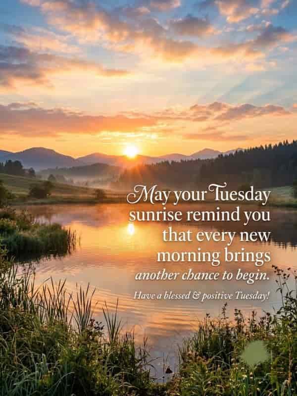 A serene sunrise over a quiet lake with distant mountains, featuring the quote "May your Tuesday sunrise remind you that every new morning brings another chance to begin. Have a blessed & positive Tuesday!" written in elegant typography.