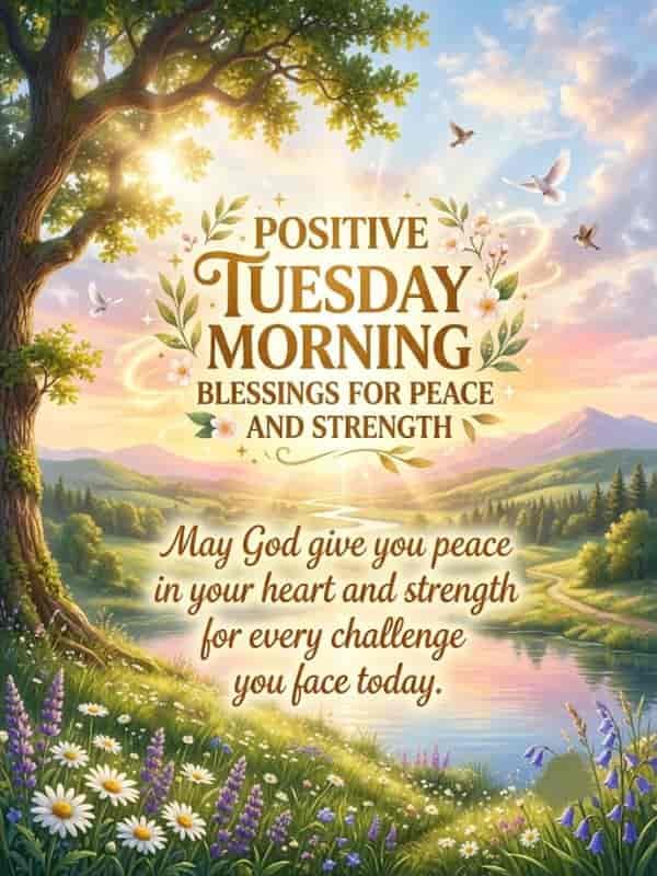 Serene morning landscape featuring a river winding through lush green hills and wildflowers, with peaceful white doves flying under warm sunlight and elegant text reading "Positive Tuesday Morning Blessings for Peace and Strength. May God give you peace in your heart and strength for every challenge you face today."