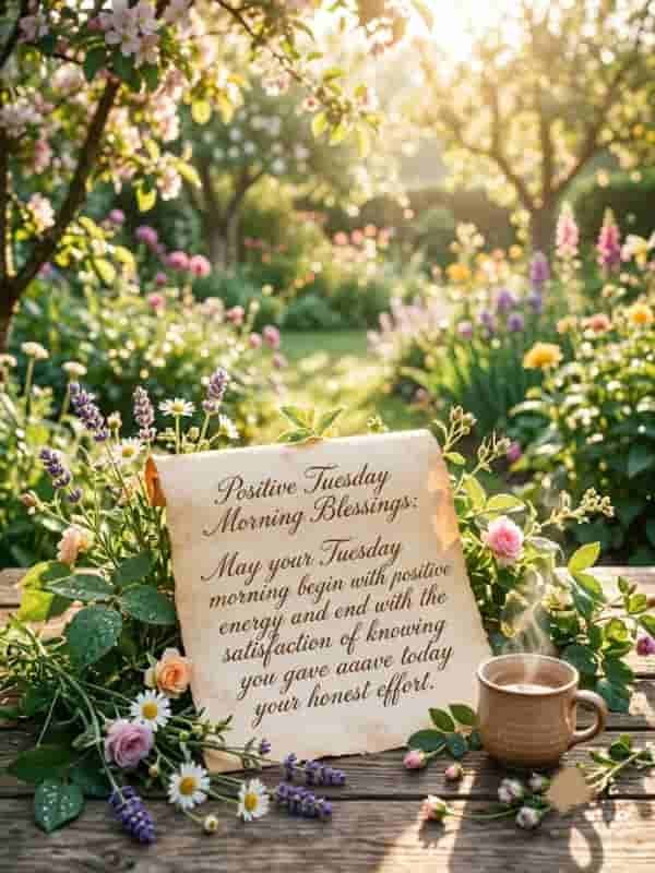 A vertical morning scene featuring an vintage paper scroll with the quote 'Positive Tuesday Morning Blessings: May your Tuesday morning begin with positive energy and end with the satisfaction of knowing you gave today your honest effort.' surrounded by blooming flowers and a steaming mug of coffee in a sunlit garden.