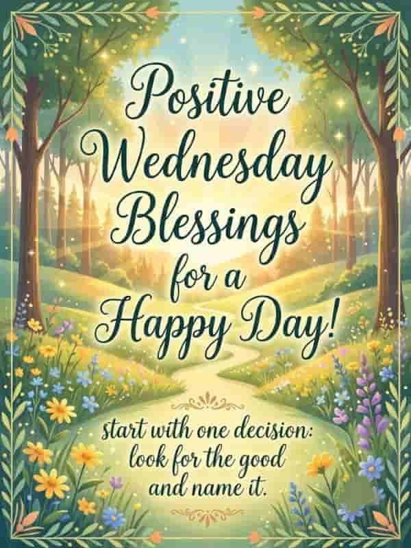 Brightly colored illustration featuring a sunny landscape with trees, wildflowers, and a winding path. The text reads, "Positive Wednesday Blessings for a Happy Day! start with one decision: look for the good and name it."