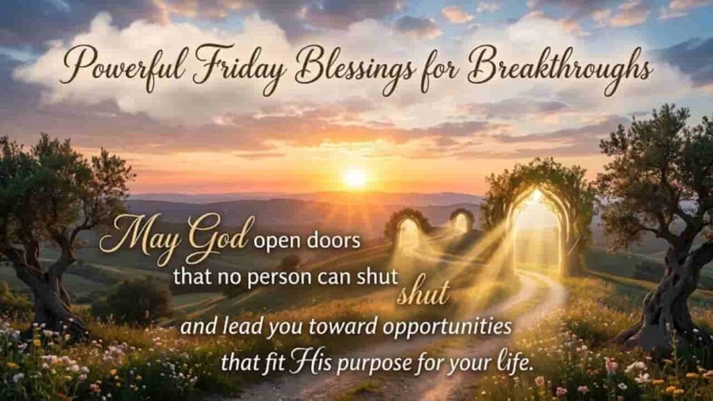 Golden sunrise landscape with a winding pathway leading through glowing arches, featuring the text "Powerful Friday Blessings for Breakthroughs".