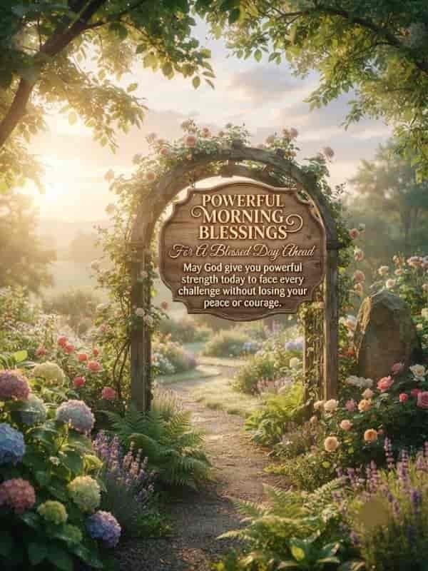 Ek khubsurat subah ka drishya jismein phoolon se saj ek lakdi ka arch (archway) aur rasta hai, aur beech mein ek wooden sign par likha hai: 'Powerful Morning Blessings For A Blessed Day Ahead - May God give you powerful strength today to face every challenge without losing your peace or courage.
