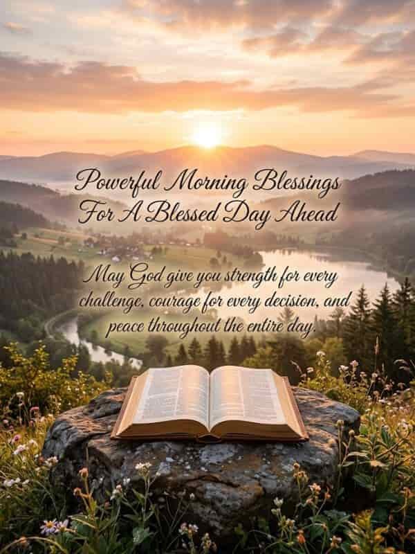 Sunrise over a peaceful mountain valley with an open Bible on a rock, featuring the text 'Powerful Morning Blessings For A Blessed Day Ahead' and a prayer for strength, courage, and peace.
