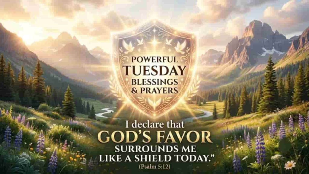 Golden glowing shield against a peaceful mountain landscape background with text reading "Powerful Tuesday Blessings & Prayers" and "I declare that God's favor surrounds me like a shield today."