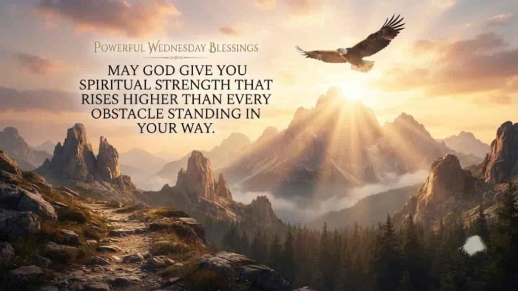 A scenic 16:9 widescreen view of majestic mountain peaks under a golden sunrise, with an eagle soaring high in the sky and sunlight breaking through the clouds, accompanied by the text 'Powerful Wednesday Blessings: May God give you spiritual strength that rises higher than every obstacle standing in your way.