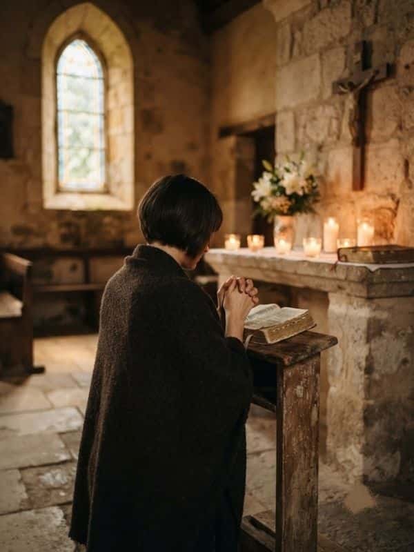 A serene church interior lit by warm candlelight and soft daylight streaming through a stained-glass window, featuring an altar with white flowers and a bible.