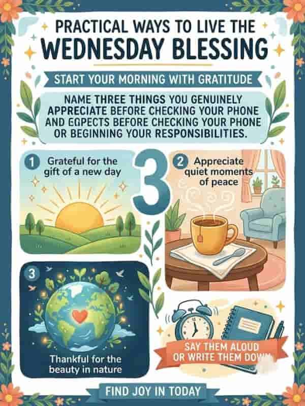 An infographic titled "Practical Ways to Live the Wednesday Blessing" featuring three steps for morning gratitude. The image shows illustrations of a sunrise, a warm cup of tea on a table, a glowing globe with a heart, an alarm clock, and a notebook, with text encouraging readers to name three things they appreciate before starting their day.