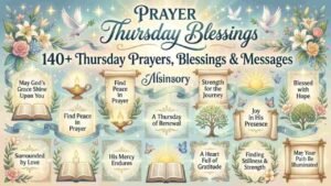 A decorative image header featuring "Prayer Thursday Blessings: 140+ Thursday Prayers, Blessings & Messages" surrounded by doves, open Bibles, glowing candles, scrolls, and floral accents.