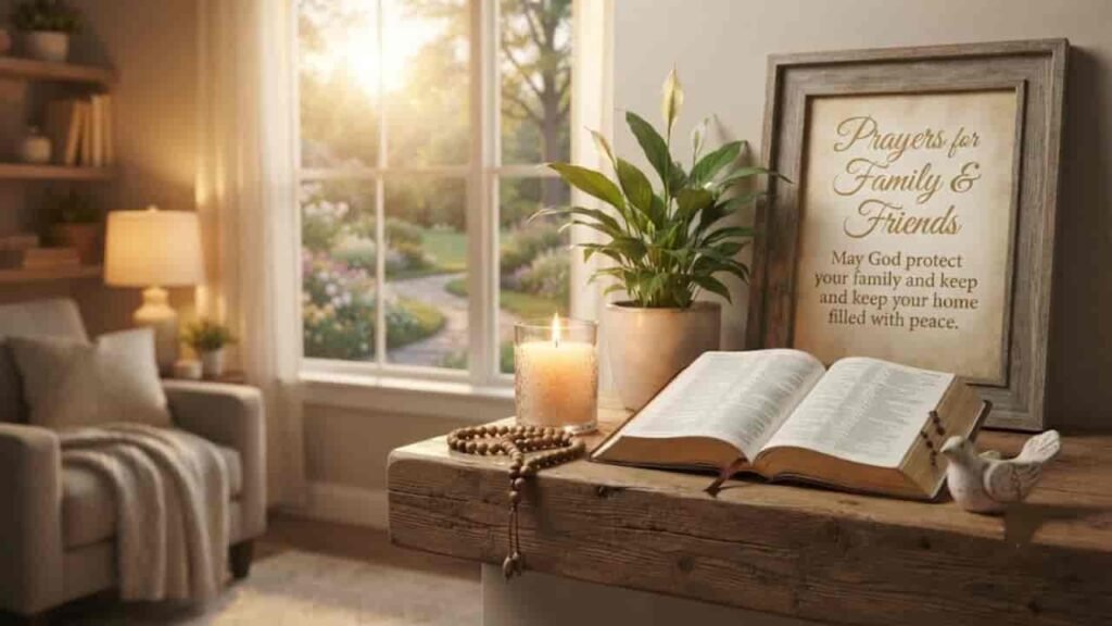 A peaceful living room setting with a wooden table featuring an open book, a lit candle, a potted plant, and a framed sign that reads 'Prayers for Family & Friends: May God protect your family and keep your home filled with peace'.