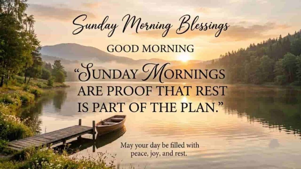 A tranquil lakeside scene at sunrise featuring the text "Sunday Morning Blessings," "GOOD MORNING," and "Sunday mornings are proof that rest is part of the plan."